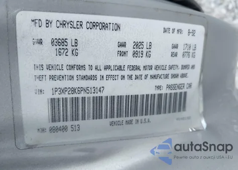 1993 Plymouth Sundance из США, поврежденный, VIN 1P3XP28K6PN513147